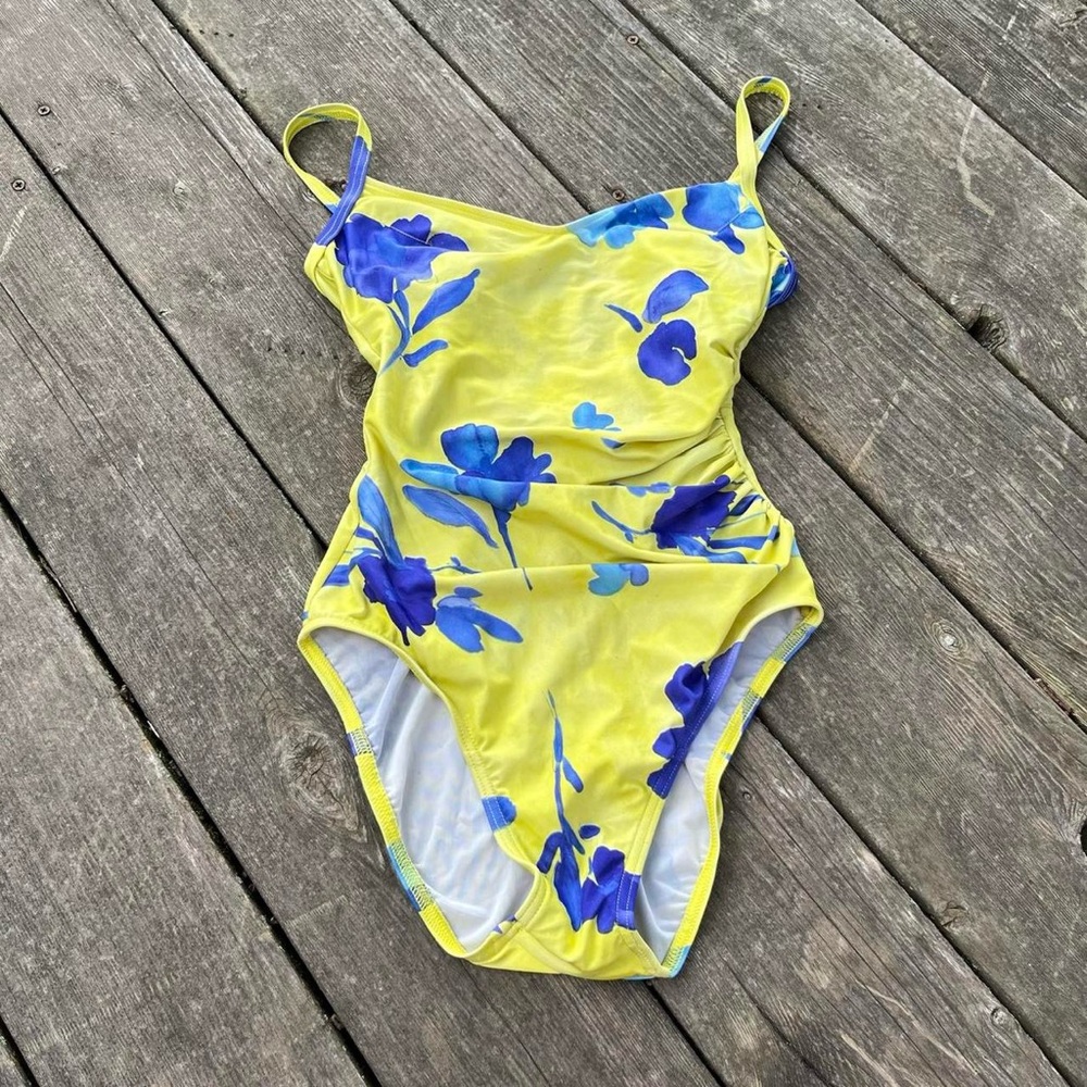 Christina yellow green + blue floral one piece swimsuit